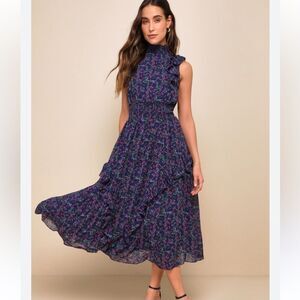 Lulus Evalina Navy Blue Floral Print Mock Neck Midi Dress XS